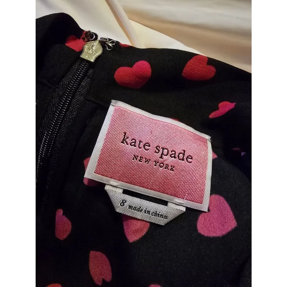 Kate Spade New York Black Pink Heart Print Tie Neck Dress Size 8